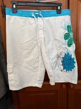 O'Neill White Swim Board Shorts with Teal and Green Floral